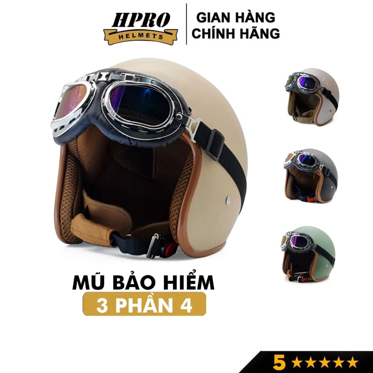 Mũ bảo hiểm 3/4 đầu Sundy Helmet, nhiều màu sắc thời trang, cá tính, Freesize (54-58cm) kèm kính Phi Công, UV.