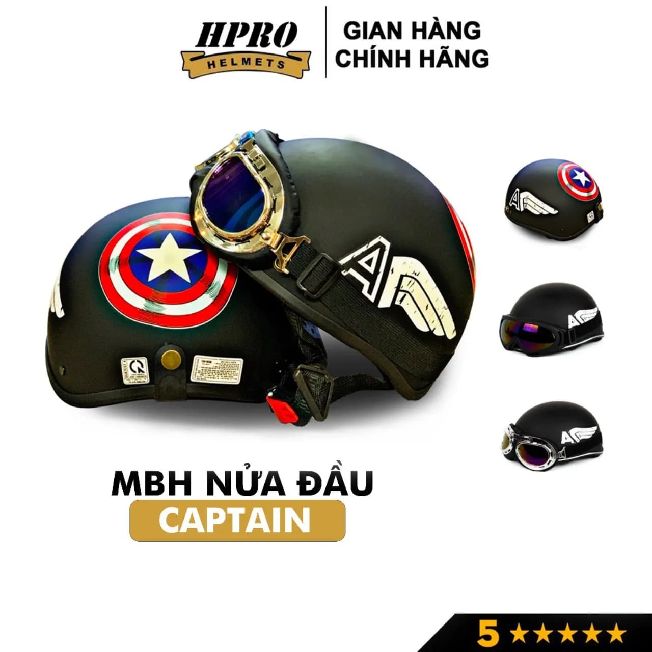 Mũ bảo hiểm nửa đầu SUNDY Helmets, họa tiết Captain mạnh mẽ, kèm kính UV, phi công, Freesize (55-59cm)
