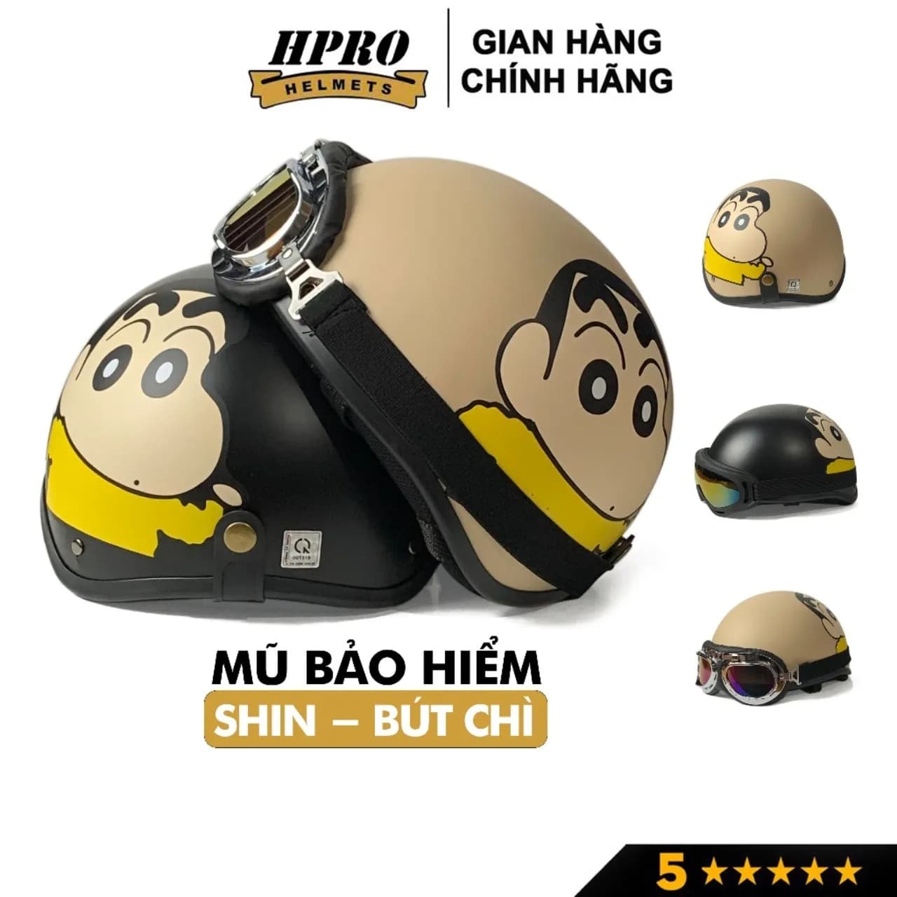 Mũ bảo hiểm nửa đầu Sundy helmet tem Shin-Cậu bé bút chì, freesize (55-59cm), kèm kính phi công, uv.
