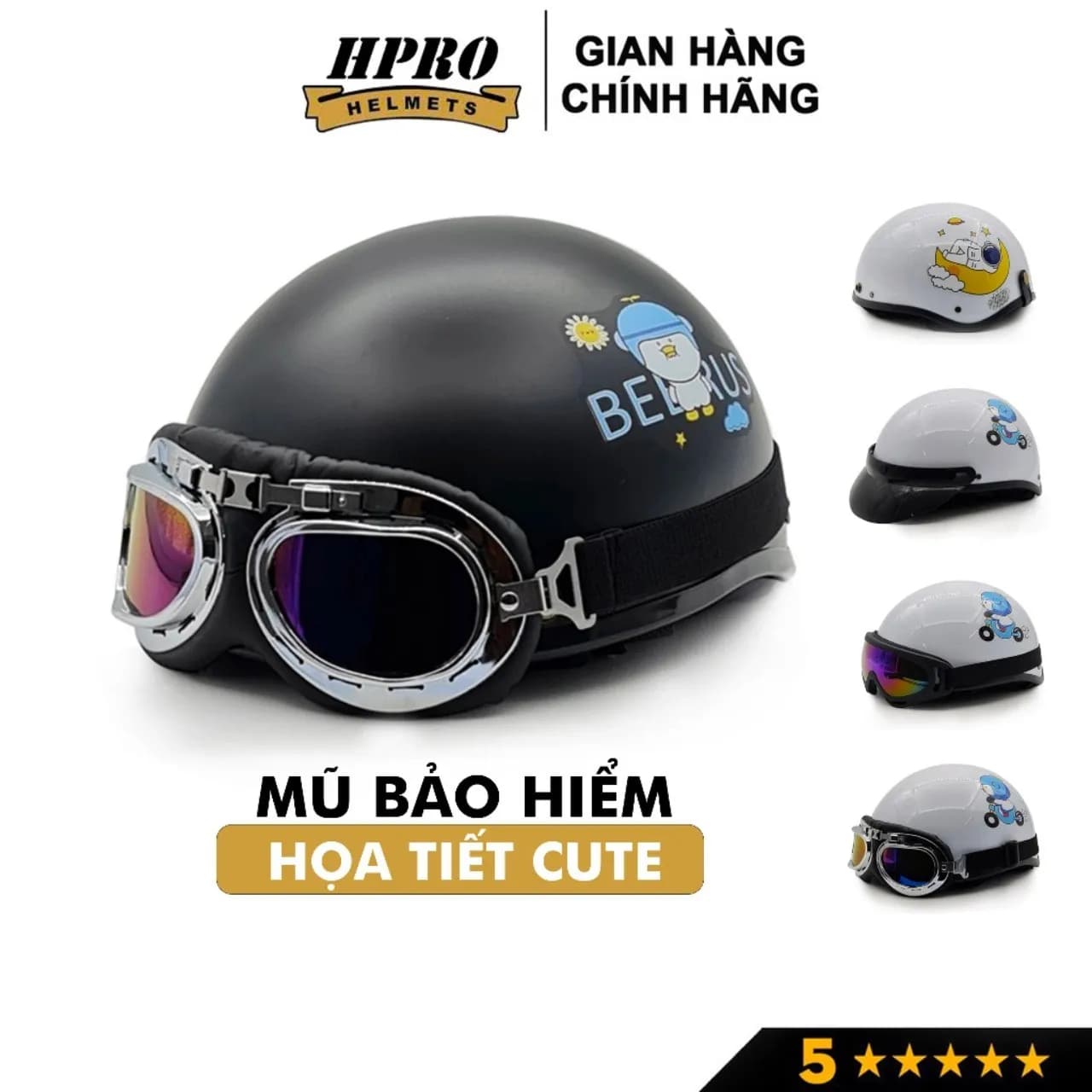 Mũ bảo hiểm nửa đầu chính hãng Sundy Helmet nhiều họa tiết hoạt hình cute cá tính kèm kính UV kính Phi Công.