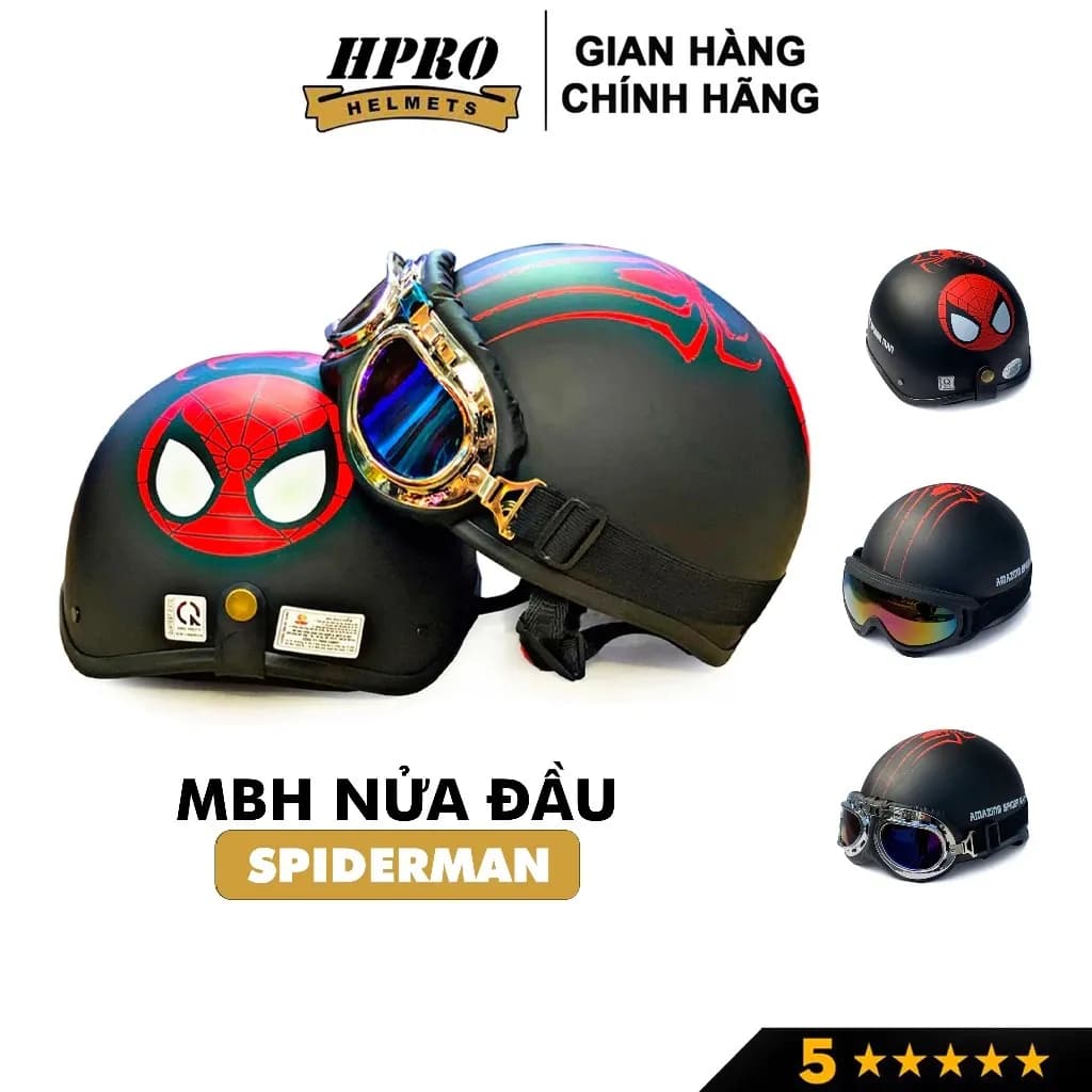 Mũ bảo hiểm nửa đầu Sundy Helmets, nón 1/2 đầu Freesize (55-59cm), an toàn, cao cấp, họa tiết nhện nhọ thân thiện